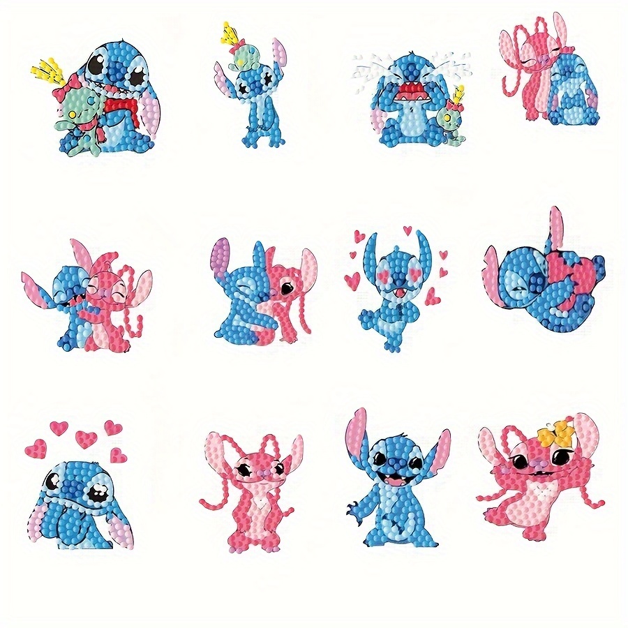 

12pcs Diy Stitch Diamond Art Sticker Kit, Classic Anime Diamond Art Mosaic Number Sticker Set, For Decorating Phone Cups And Handmade Gifts.