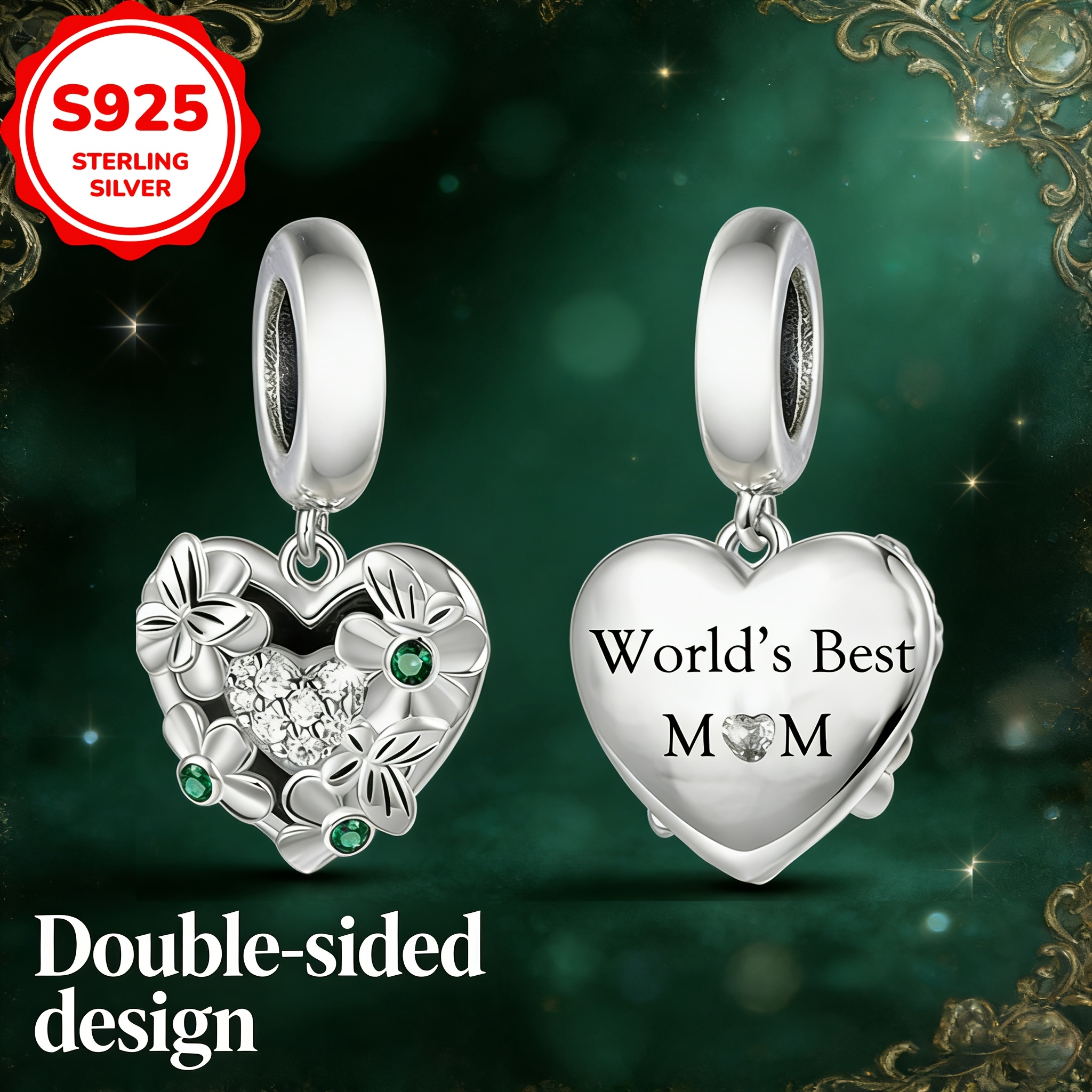 925 Sterling Silver Heart Flower Butterfly Charm Pendant