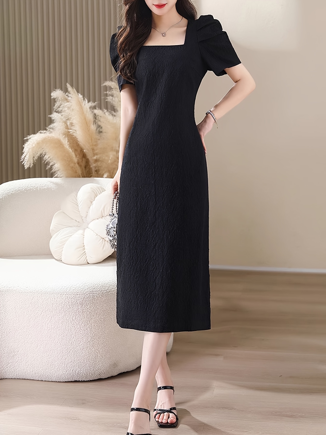 ワンピース WAIST TUCK PUFF SLEEVE JACQUARD DRESS BB WAIST TUCK PUFF SLEEVE JACQUARD DRESS BB