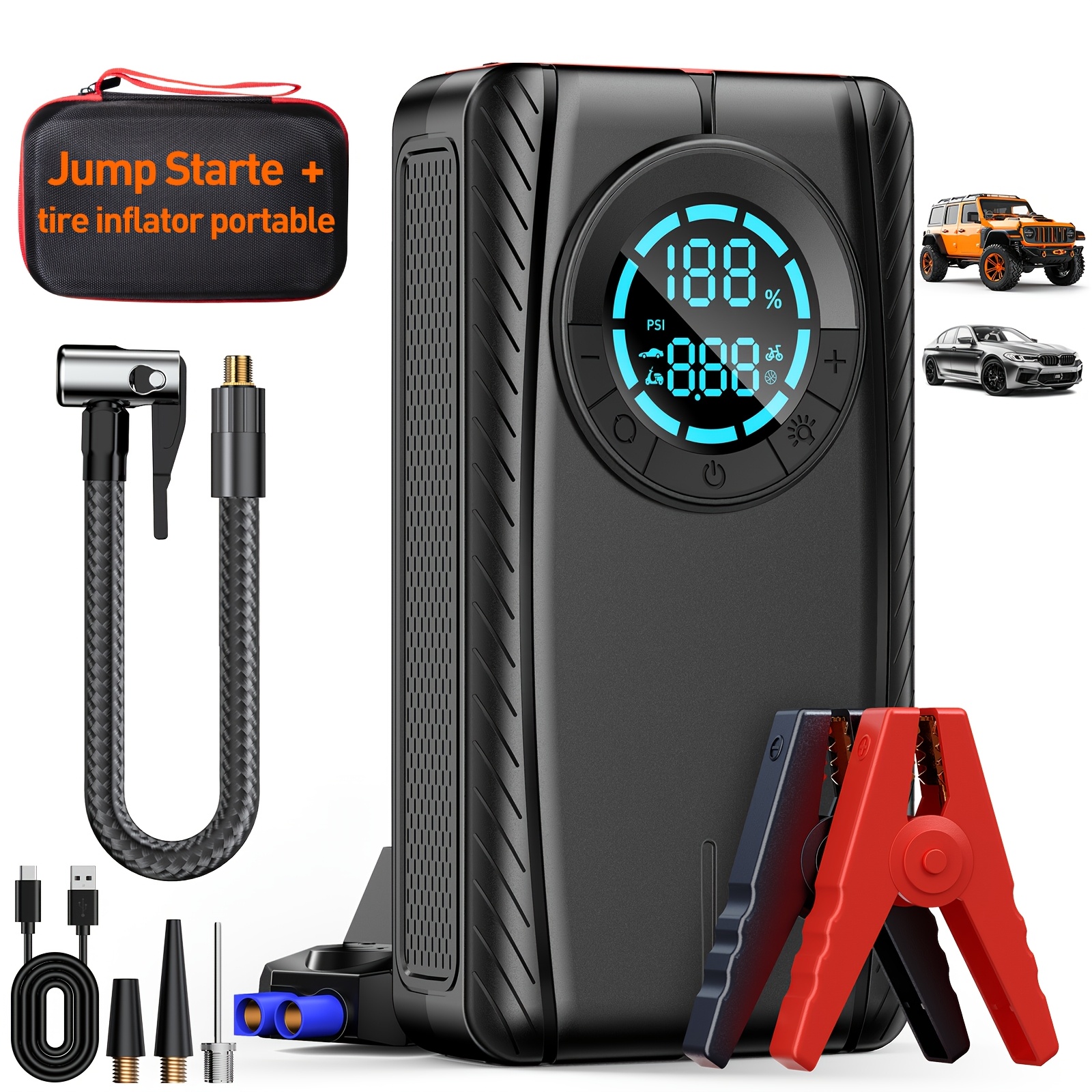 TEMU Portable Tire Inflator Air Pump With Car Jump Starter, 150psi Cordless Tire , , Applicable To Models, Gift For Men, Father's Day Gifts