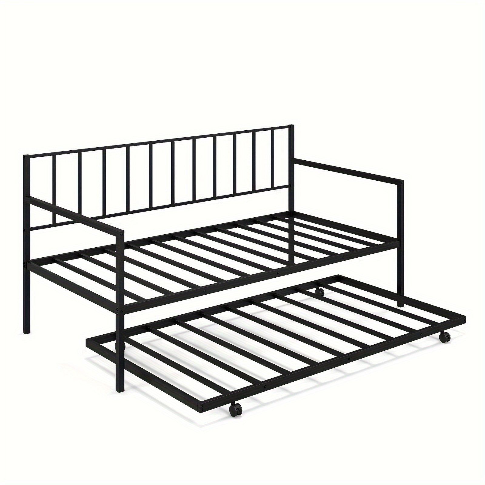 

1pc Twin Metal Daybed Sofa Bed With Trundle, Lockable Casters, For Living Room, Guest Room – Black, Sturdy Frame, 77x38x38.5 Inches, 500lbs/400lbs Weight Capacity