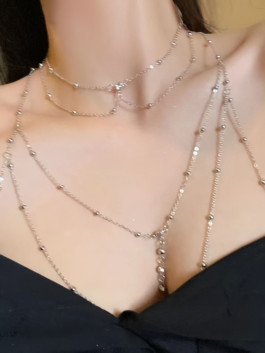 2pcs fashion   round bead necklace body chain set tassel pendant necklace and braided choker womens european style trendy jewelry set Product details 2