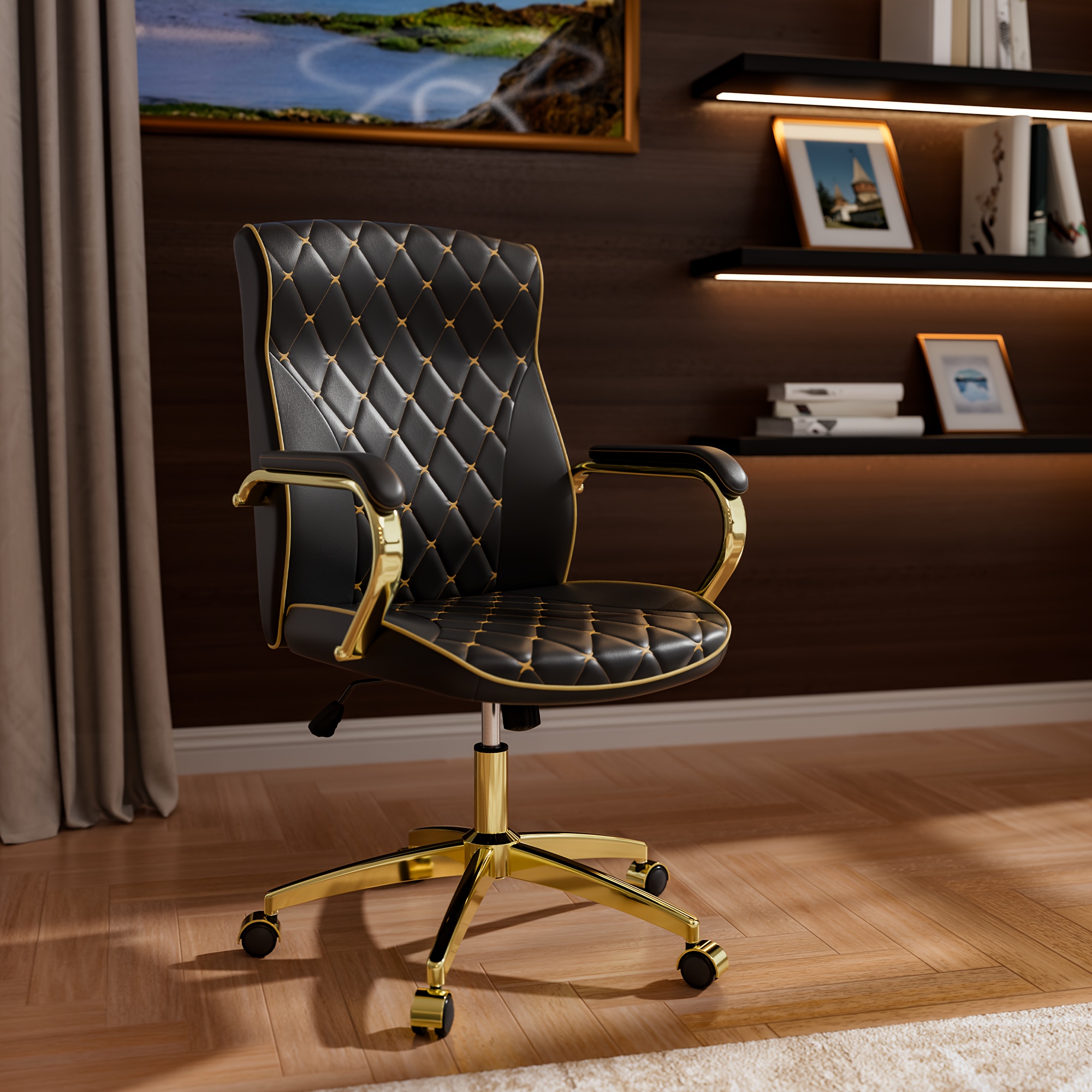 TEMU 1pc Office Chair With , Chair With Wheels And Padded , Mid Back Chair, Swivel Vintage Desk Chair And Height Adjustable