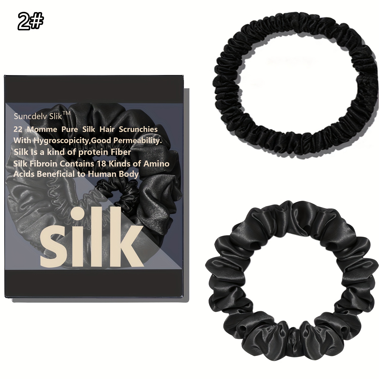 E-shop 2 Stücke 100% Seiden-Mulberrysilber Haargummis Einfarbig Elegante Freizeit-Haarschlaufe Damen Haaraccessoires Reine Atmungsaktive Glatt 22Momme,
