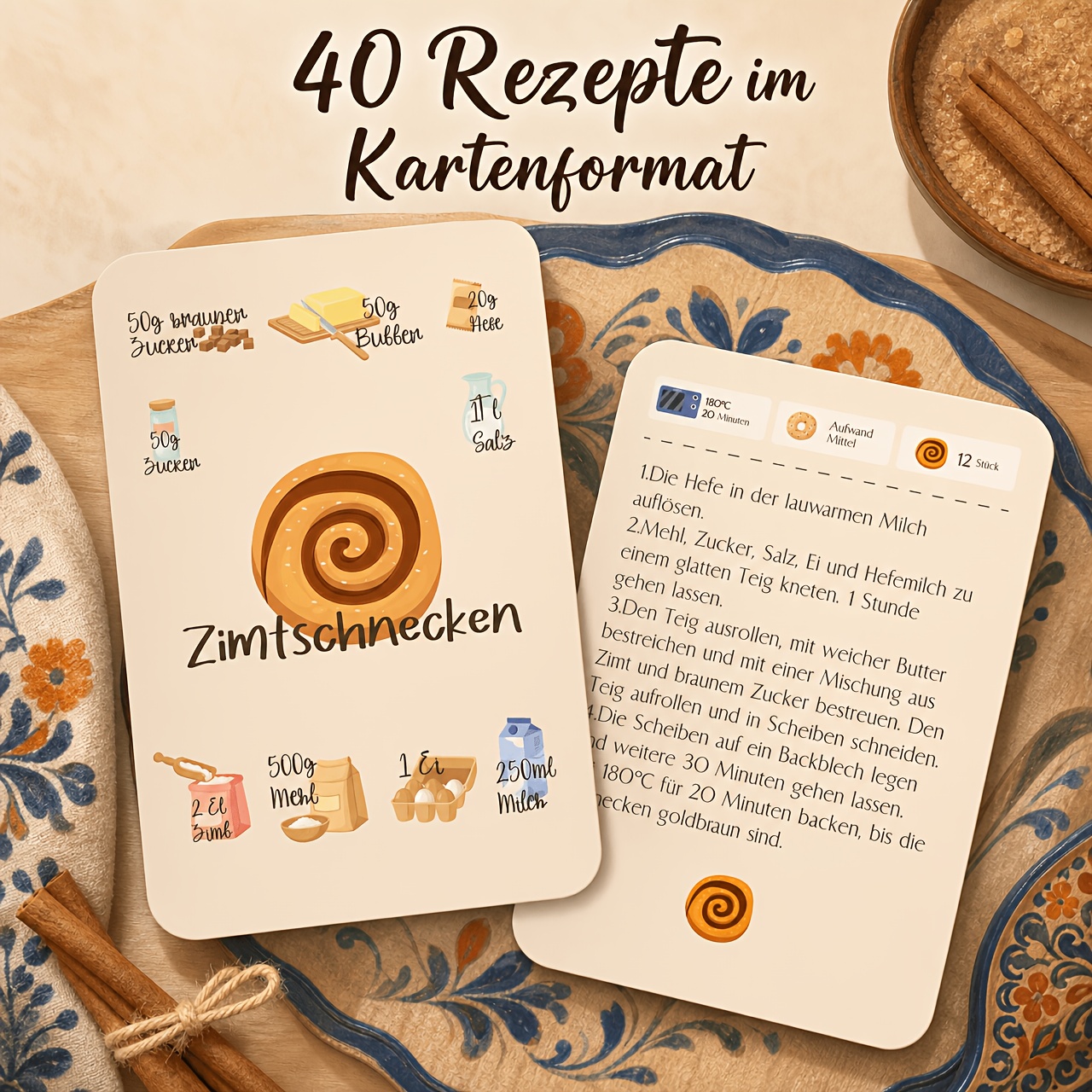 TEMU BIROYAL Backrezepten-Karten-Set - 40 illustrierte Rezeptkarten mit goldenem Blech - Geschenk für Backbegeisterte und Hobbybäcker - Praktische