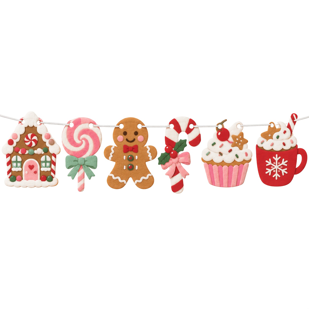 TEMU Guirlande de bannière en feutre de Noël 6 pièces avec maison d'épices, , homme d'épices, de Noël, gâteau, tasse à chocolat pour cheminée, salon,