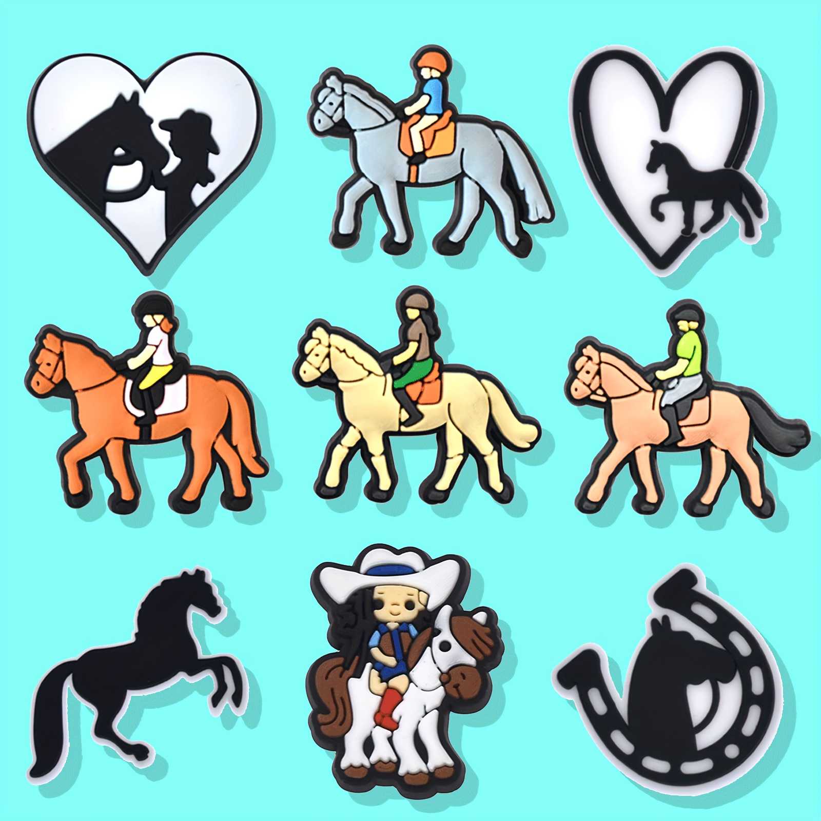 

9pcs Cute Cartoon Horse Riding Shoe Charms Set - Vibrant Pvc Detachable Accessories For Shoes, Bags, Wristbands - Ideal Gift For Equestrians, Beach Bags & Party Favors,