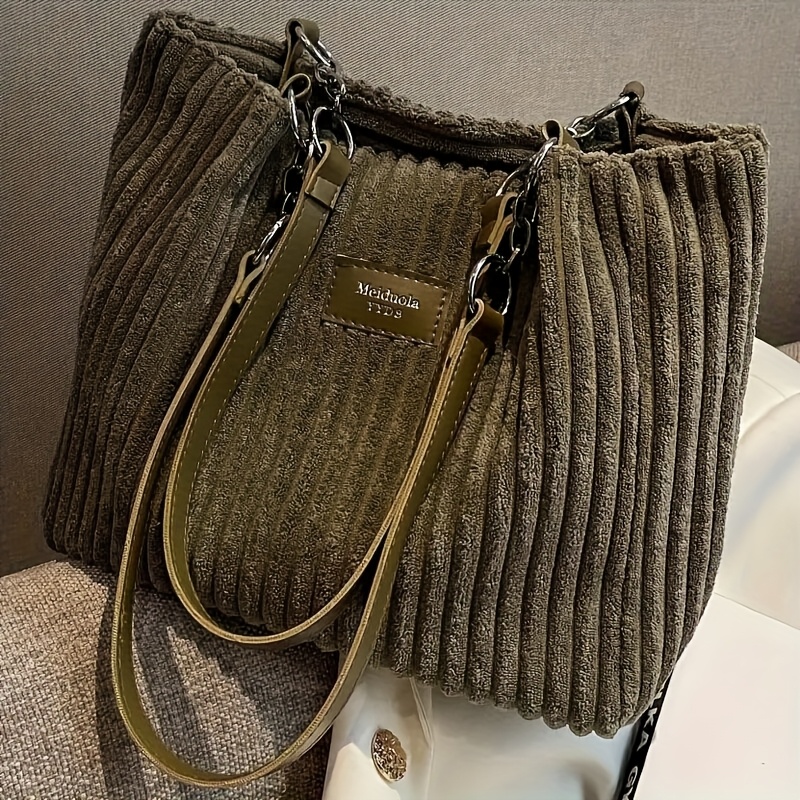 

1pc Tote Bag For , Striped Shoulder Bag , , , , , Lined, For - In , , , Khaki