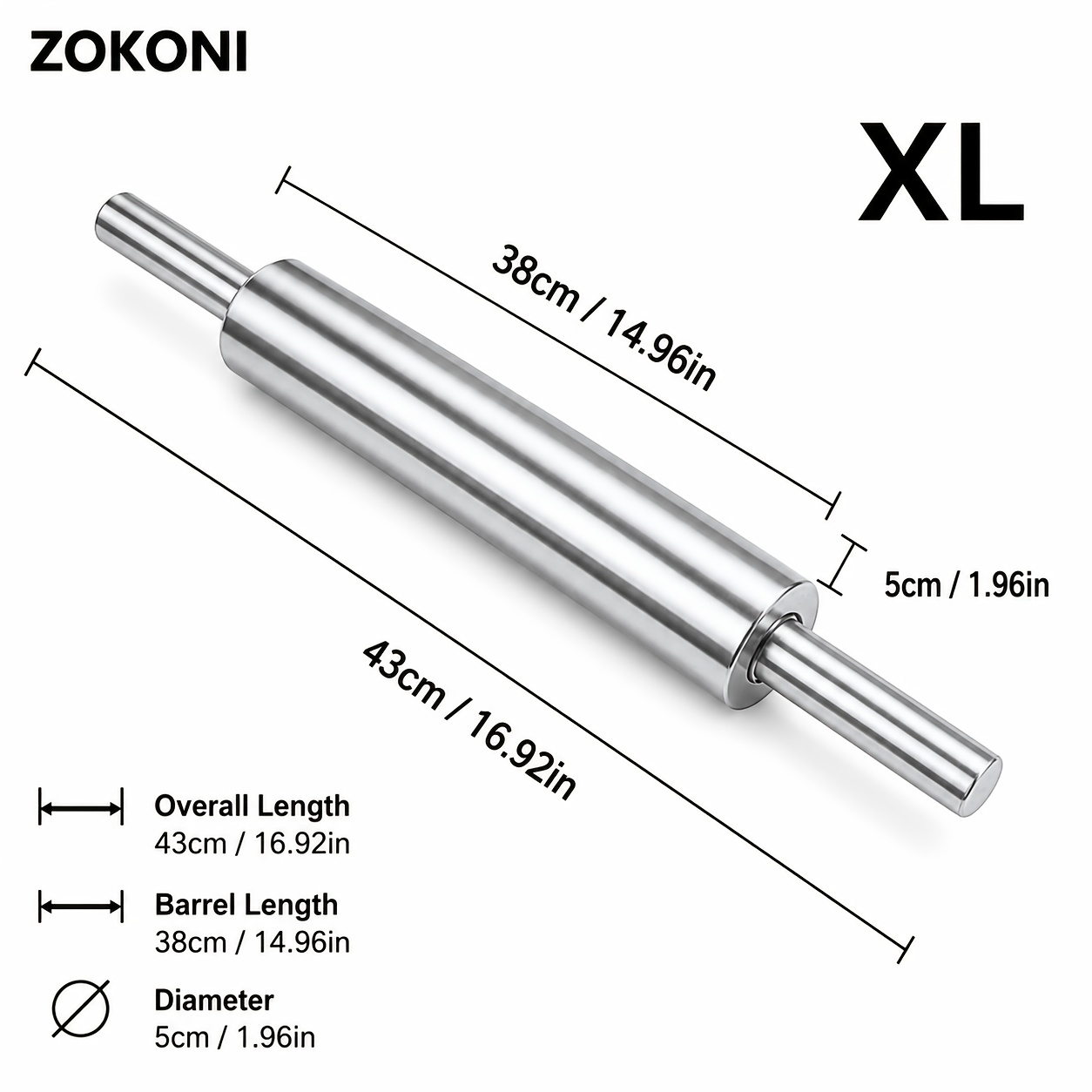 TEMU ZOKONI 1 pz Matterello in Acciaio Inossidabile, 43cm/16.92in, Cilindro Liscio in Metallo per , per Pizza, Pasta, , Biscotti, Preparazione di