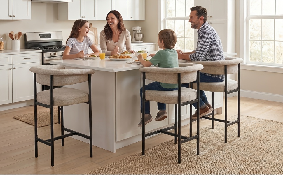 KERDOM 26'' Tall Bar Stools, Upholstered in Linen Fabric with Backrest And Footrest, Spacious Cushion Seat for Kitchen Islands, Dining High Chair for Restaurant Counters, Curved Back Support