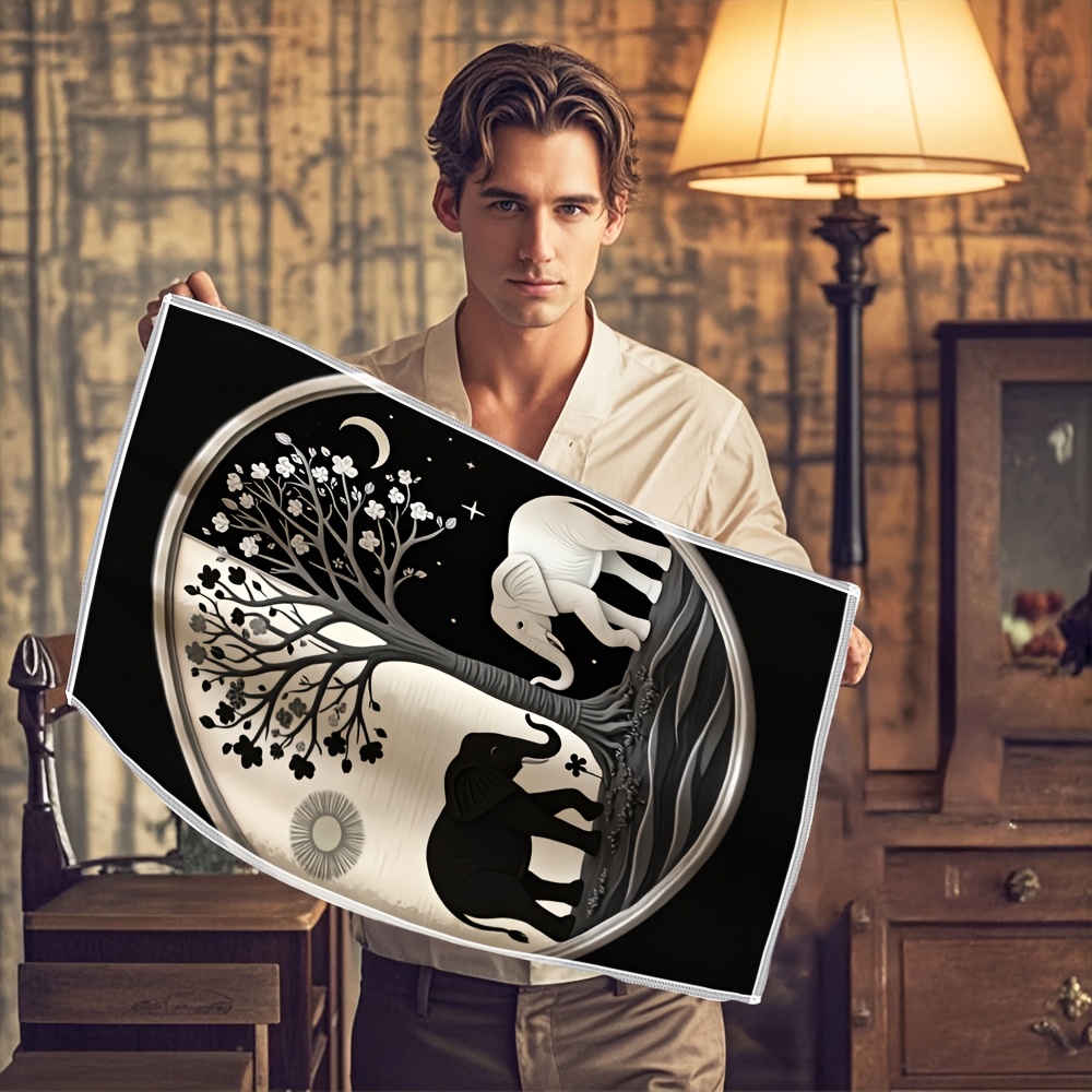 TEMU Exquisite Printed Hand Towel With Black And White Shadow Theme, Multifunctional And Versatile, Polyester Material Towel, Dish Towel, Reusable,