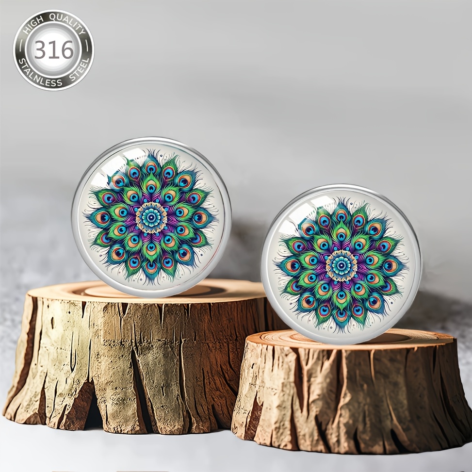 3pc Peacock Feather, Tree of Life, Mermaid Scale Stud Earrings Set