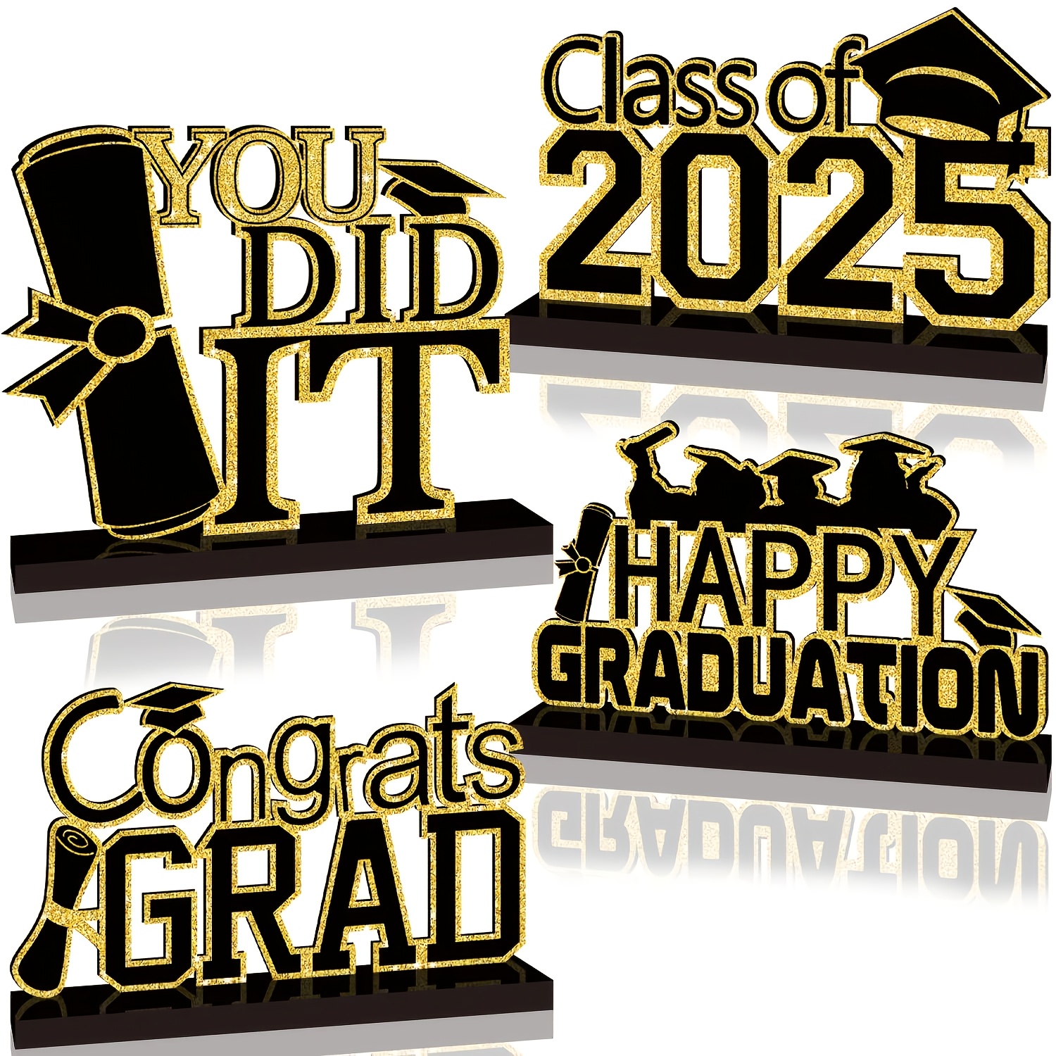 TEMU 4pcs Black And Golden Graduation Decorations Congrats Wooden Table Centerpieces Grad Congratulationsulate Tiered Tray Decor For 2025 Graduation Decorations