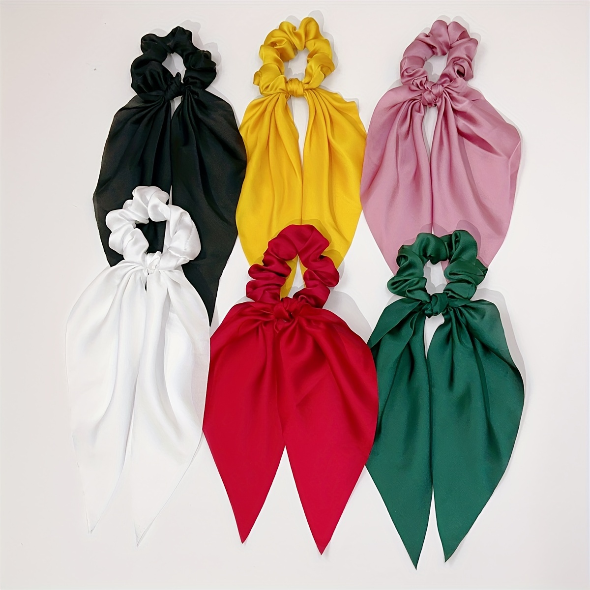 

6pcs Elegant Sweet Solid Color Satin Bow Hair Ties Set, Fabric Ribbon Ponytail Holders, Stretchy Scrunchies, Summer Hair Accessories For Women