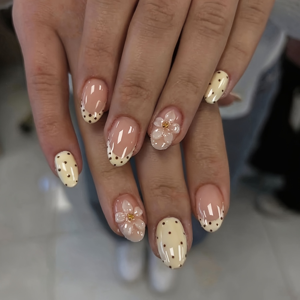TEMU 24 stuks Korte Ovale 3D Gel Nagelstickers, Polka Dot en Bloemmotief met Parels Franse Manicure Stickers, Korte Acryl Nepnagels Set, Inclusief