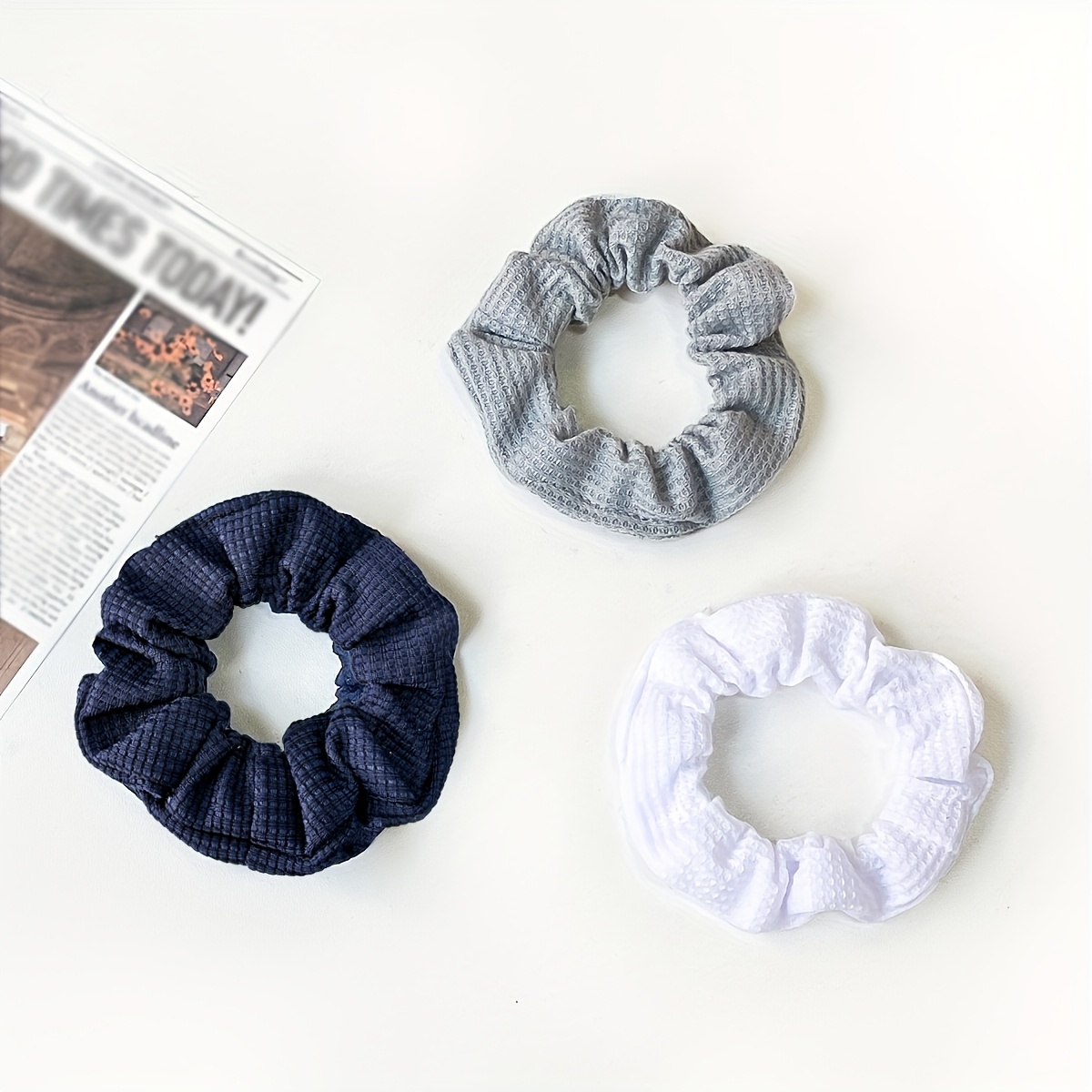 TEMU 3pcs Waffle-patterned Fabric Hair Ties, Non-slip Everyday Practical Hair Ties, Elastic Simple Hair Ties, Suitable For Life And Thick Curly Waves