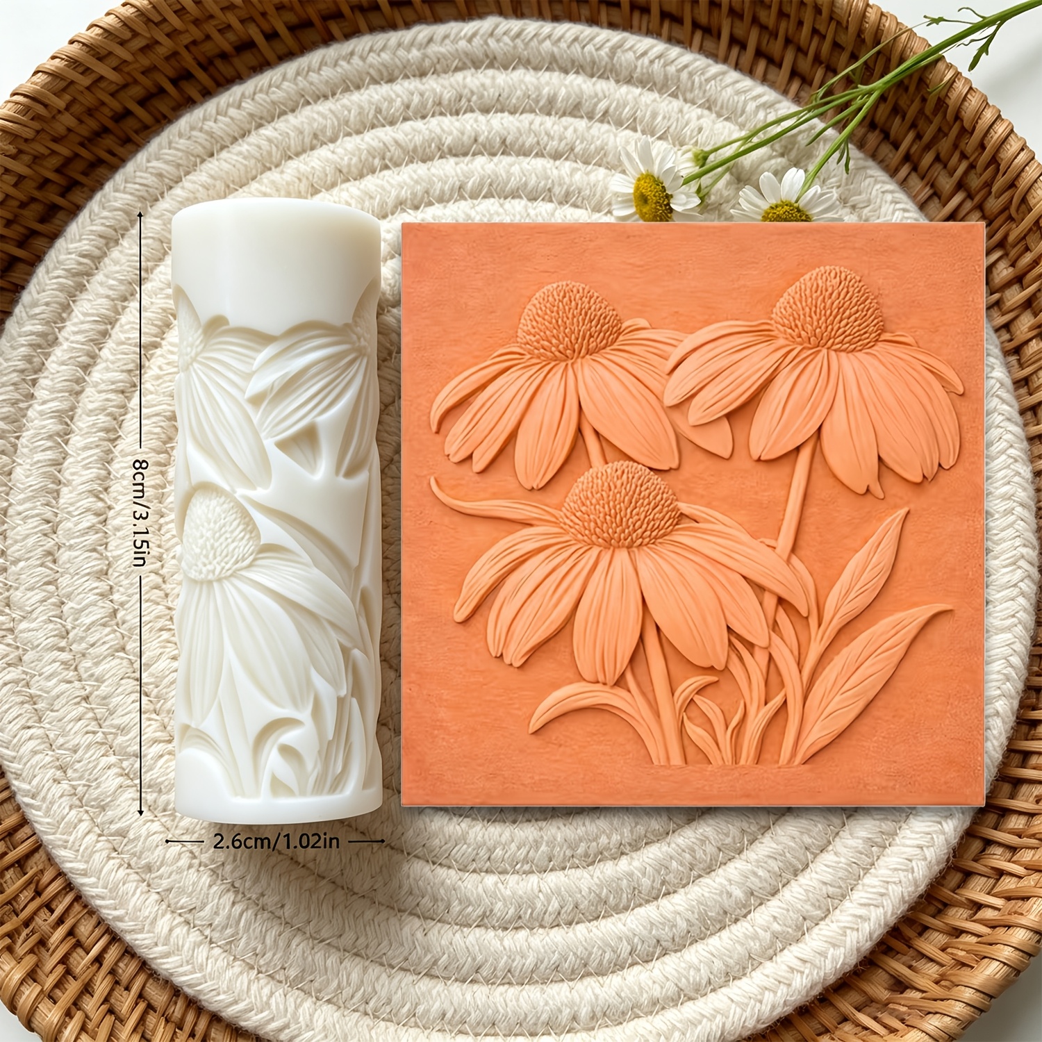 TEMU Chrysanthemum Texture Roller, High Detail 3d Relief Mold Tool, Suitable For Soft Pottery, Pottery, Making, Durable Plastic Handmade Mold, Used