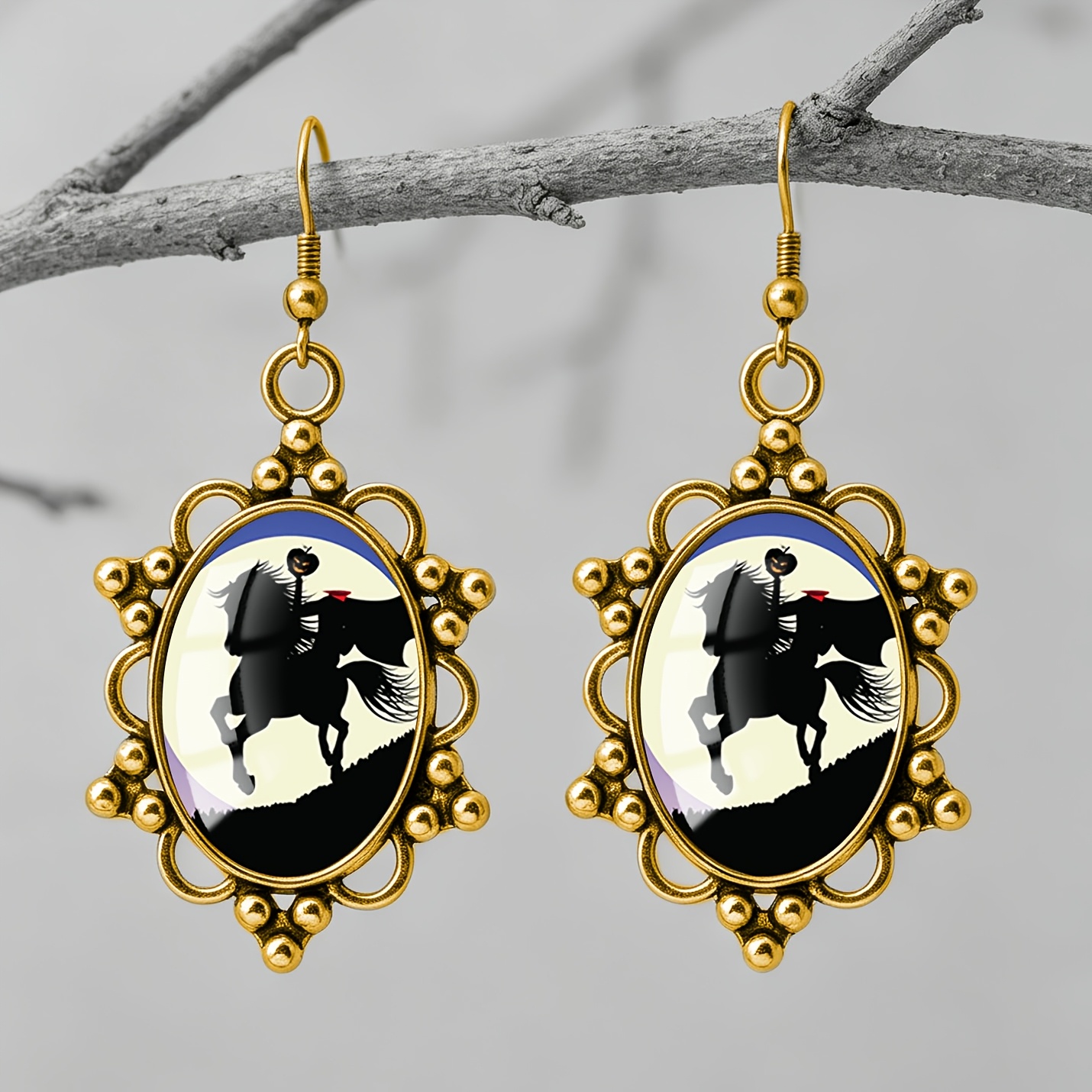 Dark Headless Knight Pattern Oval Earrings, Gothic Style