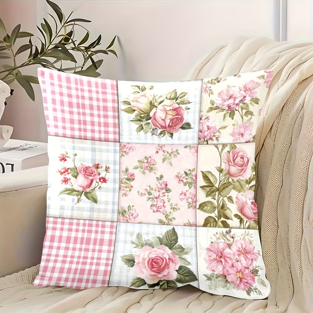 TEMU A Vintage-style Pillow Cover Measuring 18x18 Inches - Featuring A Design Of Pink Roses And A Checkered Pattern, Double-sided Printed Polyester,
