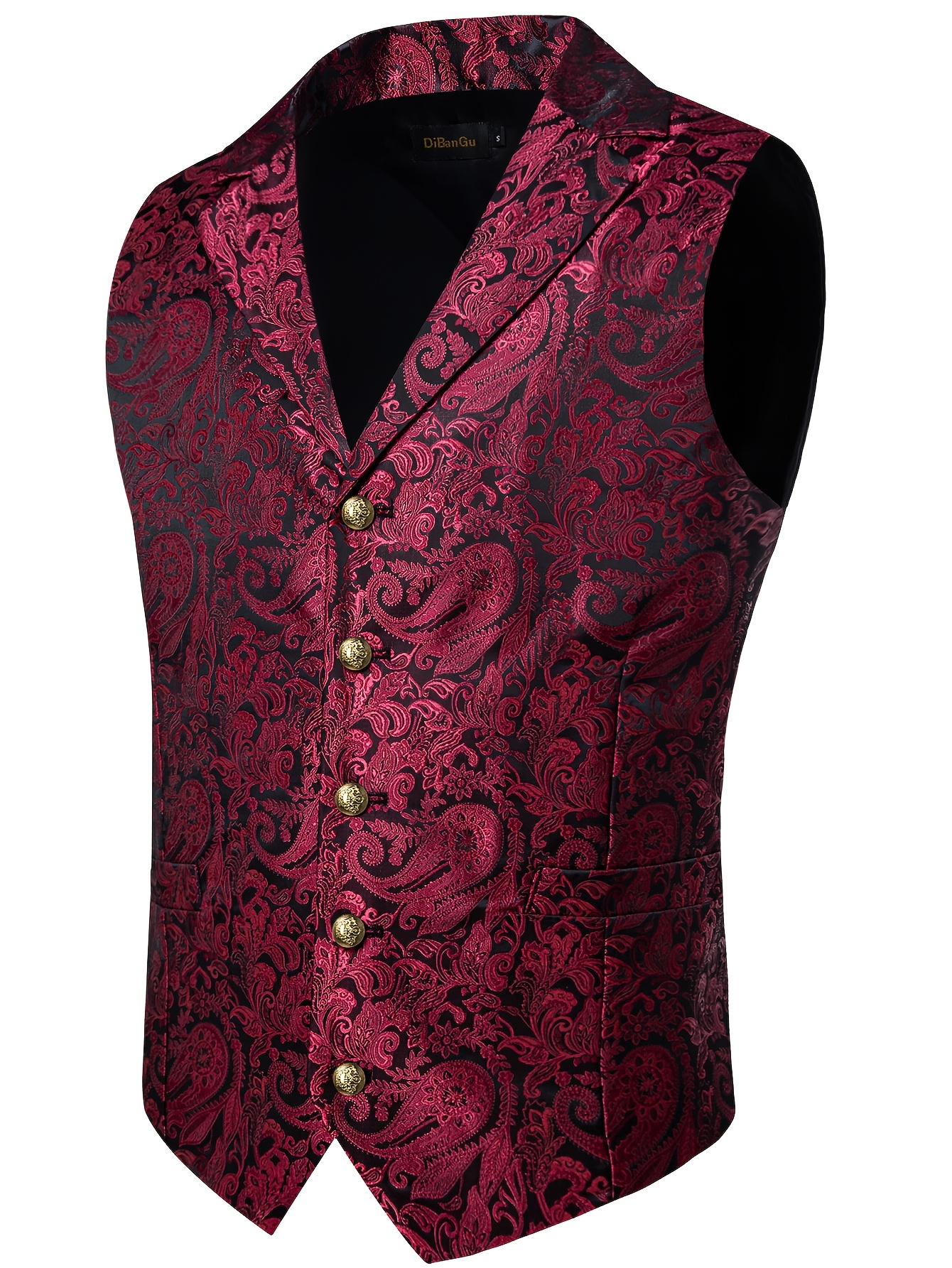 mens elegant black golden floral pattern vest with stand collar and decorative buttons   weddings business and formal events wedding attire sophisticated style intricate design