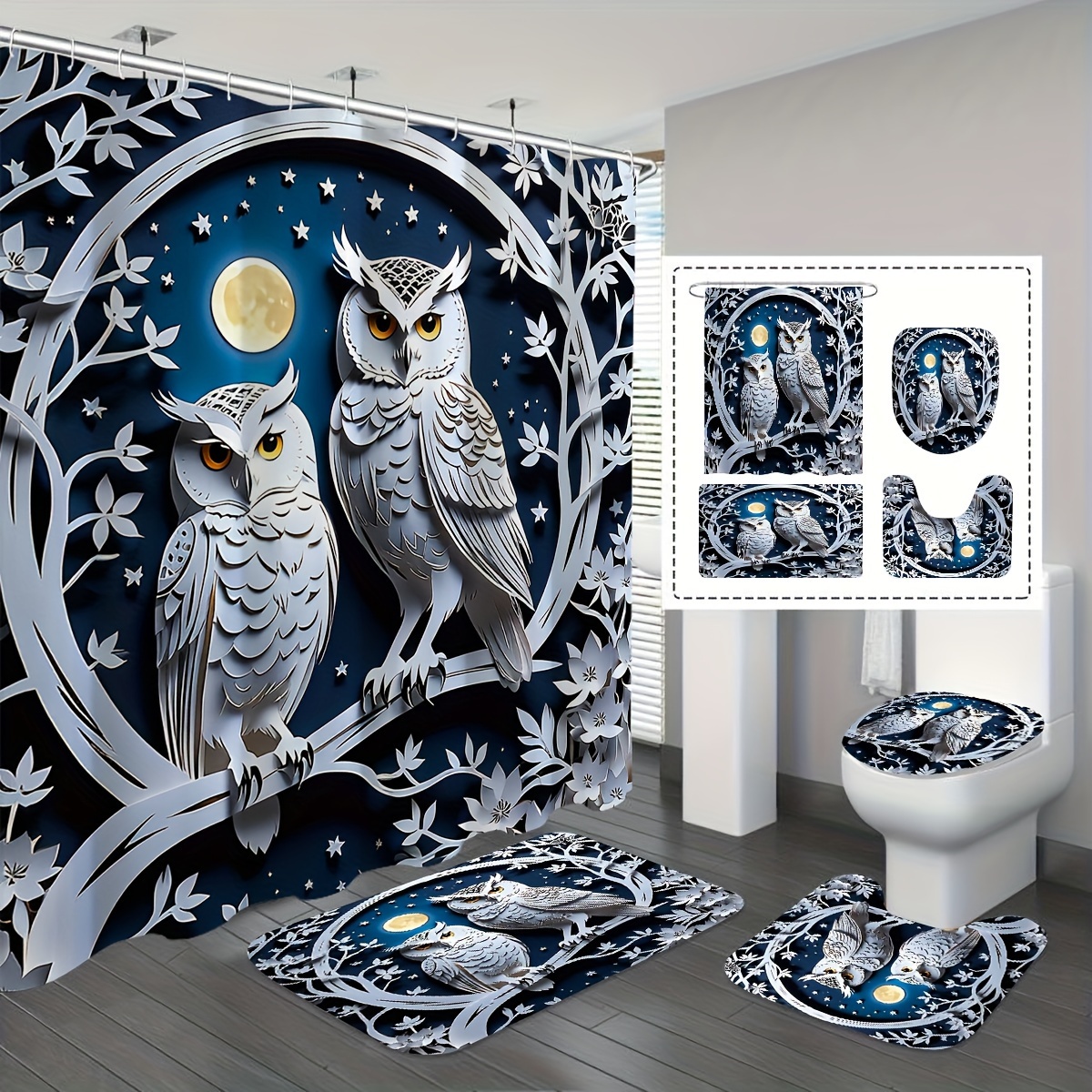 

Owl Shower Curtain Set Rugs, Lid And Bath Mat, - Polyester Bathroom Decor 12 - , , Unlined,