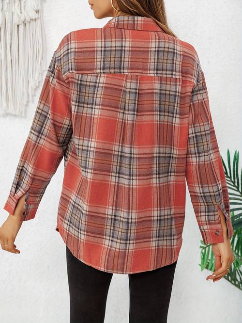 womens stylish oversized shirt long sleeve button up collar with chest pockets red black polyester blend spring summer fall casual wear spring summer fashion stylish quality casualwear