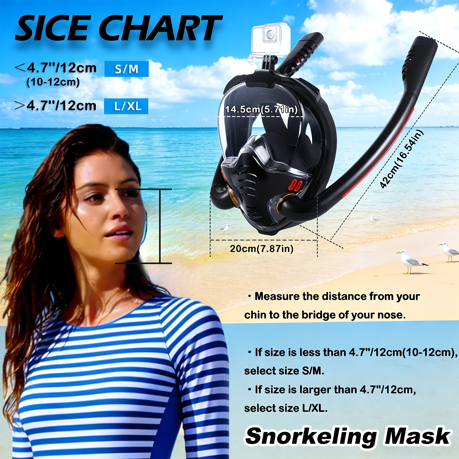 1 Full Face Snorkeling Mask | Adult Swimming Gear, 180 Degree Panoramic Dual Tube Mask with Camera Mount, PC Material - BOKEFA
