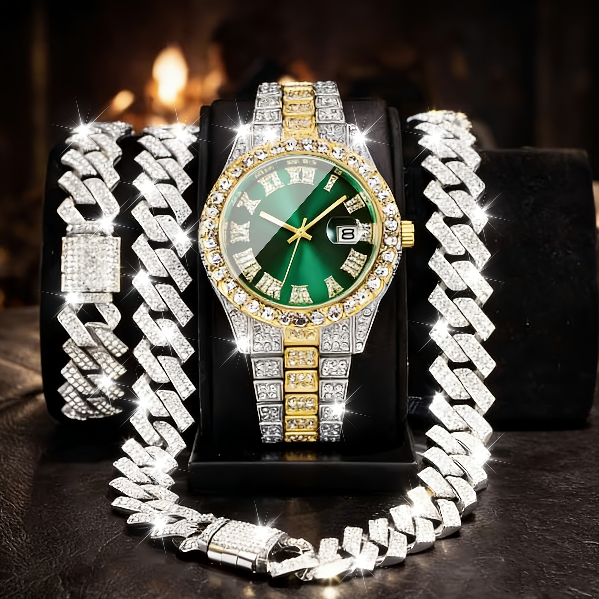 Image of (3pcs Set) 1pc Men's Fashion Versatile Watch And Sparkling Bracelet, Necklace, Daily Matching, Gift, Present