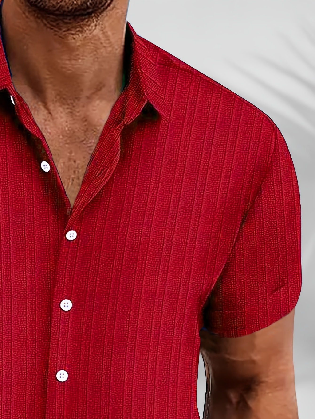 [Resort Casual] Men's Plus Size Casual Solid Blue Button-Up Short Sleeve Shirt - Lightweight Polyester, Ribbed Texture, Machine Washable for Summer Comfort, PLUS SIZE