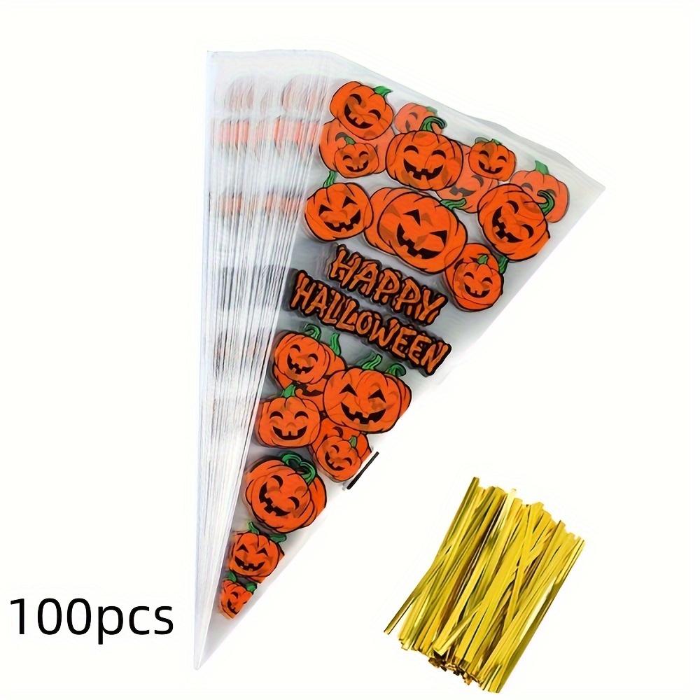 100pcs Pumpkin Cone Bags, Happy For Halloween Cone Cellophane Treat Bags With Golden Twist Ties For Halloween Party Decoration