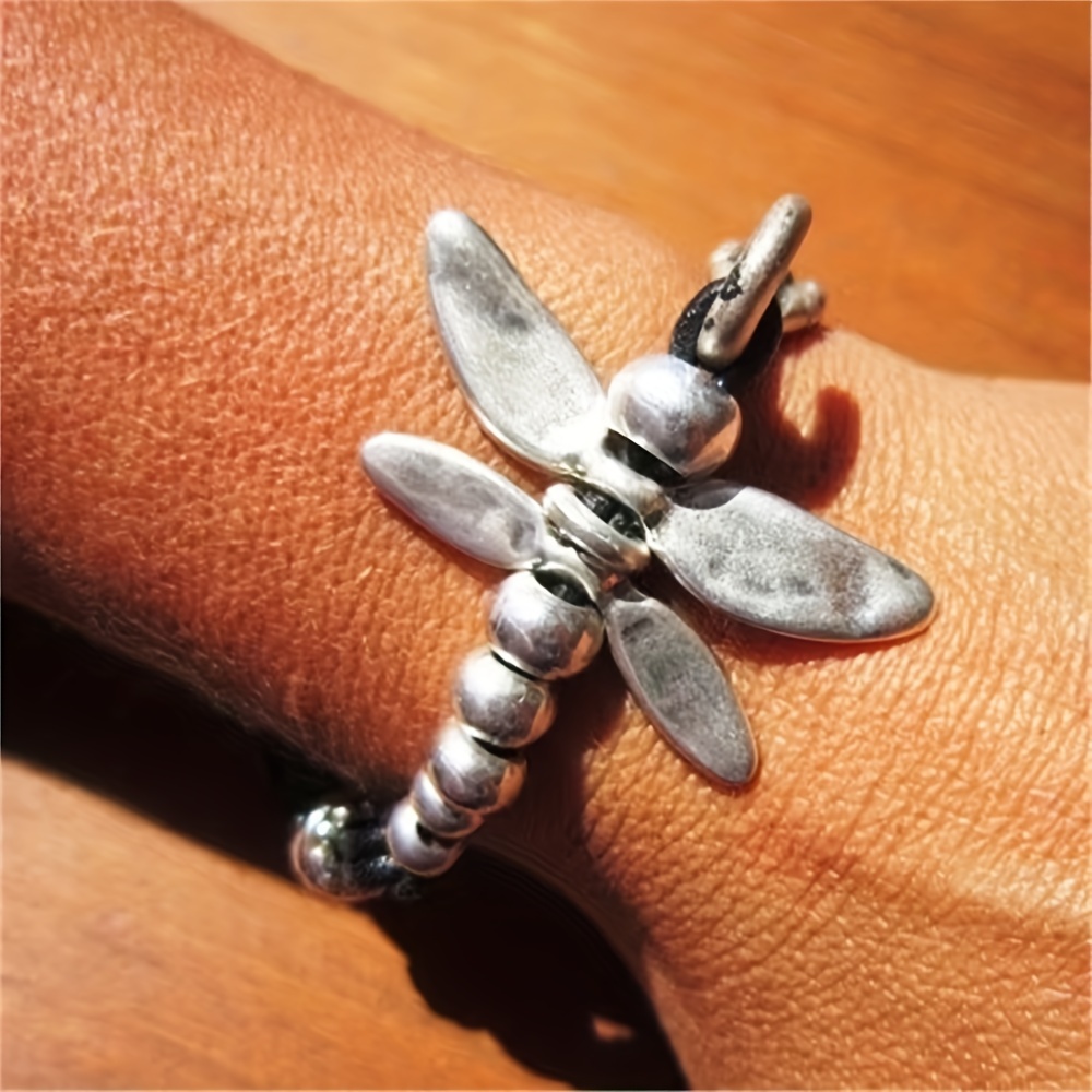

Boho-chic Dragonfly Charm Bracelet With Cowhide Rope - Versatile Alloy Jewelry For Everyday Wear