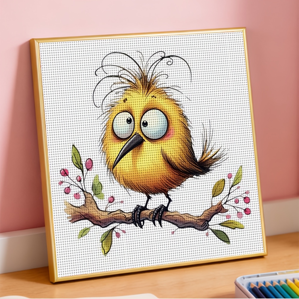 Cross-Stitch Printed Kit, Cartoon Yellow Bird on Branch