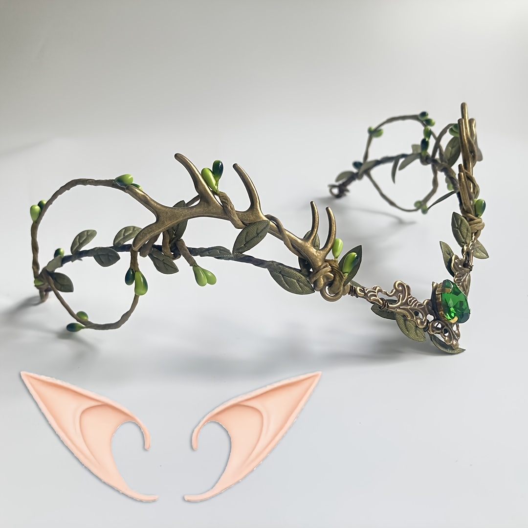 Image of Fairy Crown With Antlers Forest Headdress Moon Headdress Bridal Headdress With Artificial Branches And Gemstone Decoration Halloween Cosplay Are Ribbons At The End Of To Adjust Size