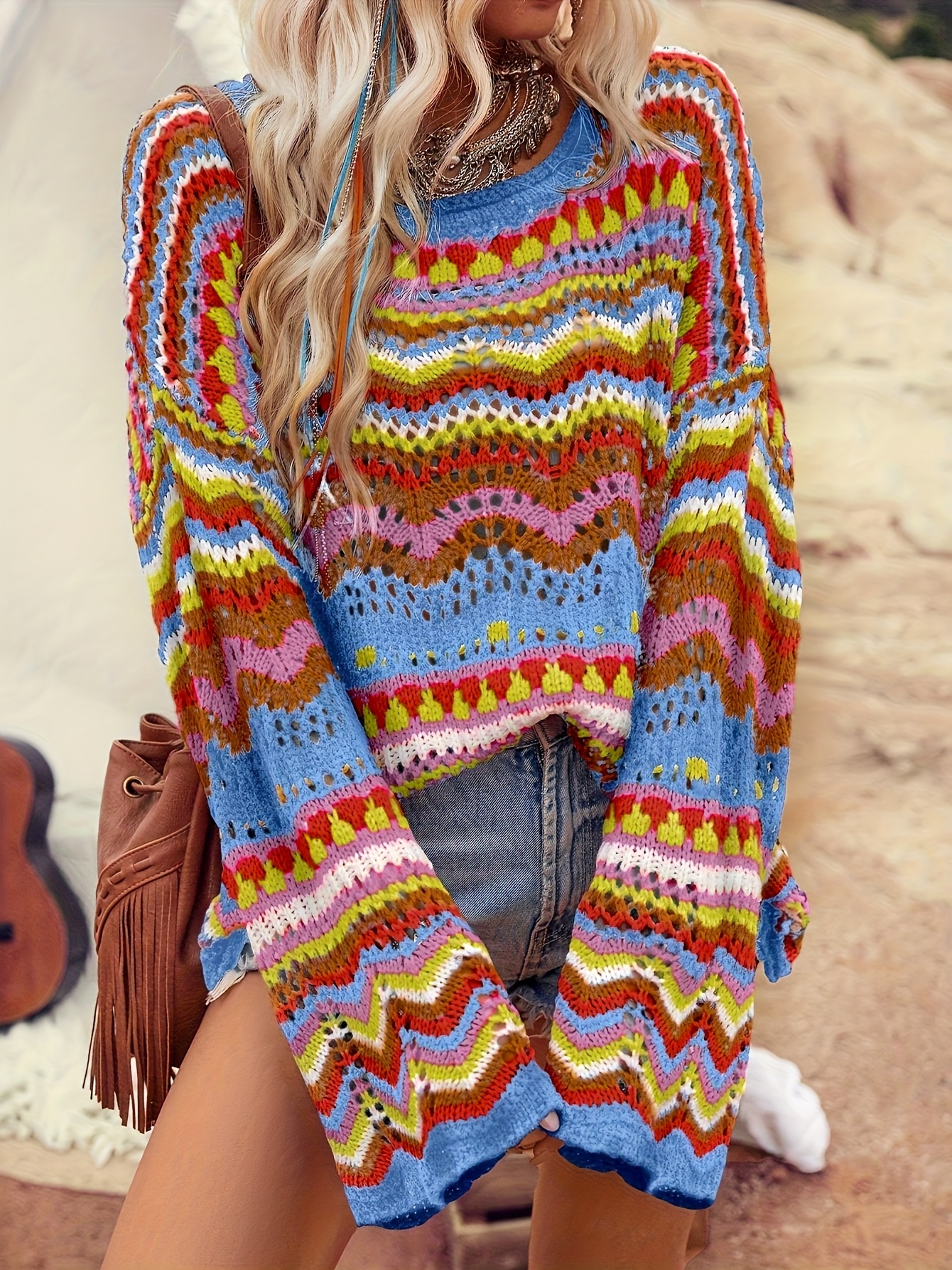 womens elegant rainbow striped crochet sweater loose fitting