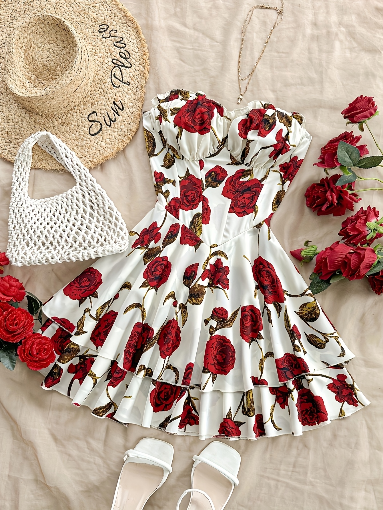 womens strapless tiered floral print dress red roses white Temu
