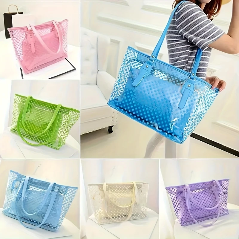 2 piece transparent pvc transparent beach bag clear shoulder bag with inner pocket dot pattern handbag white details 2