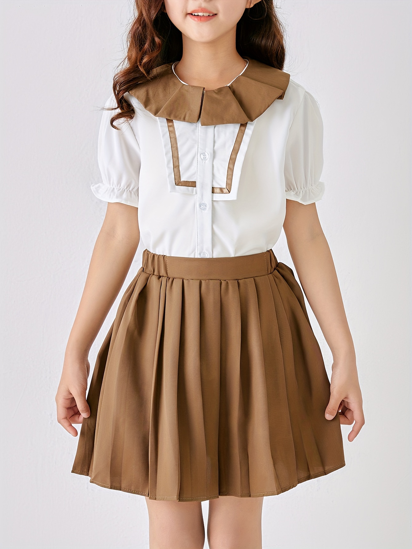 girls school uniform set round collar short sleeve blouse Temu