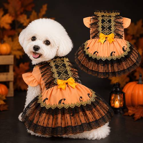 luxury halloween dog dress orange black lace pumpkin dress with bow cute puppy costume for small dogs party photo outfit