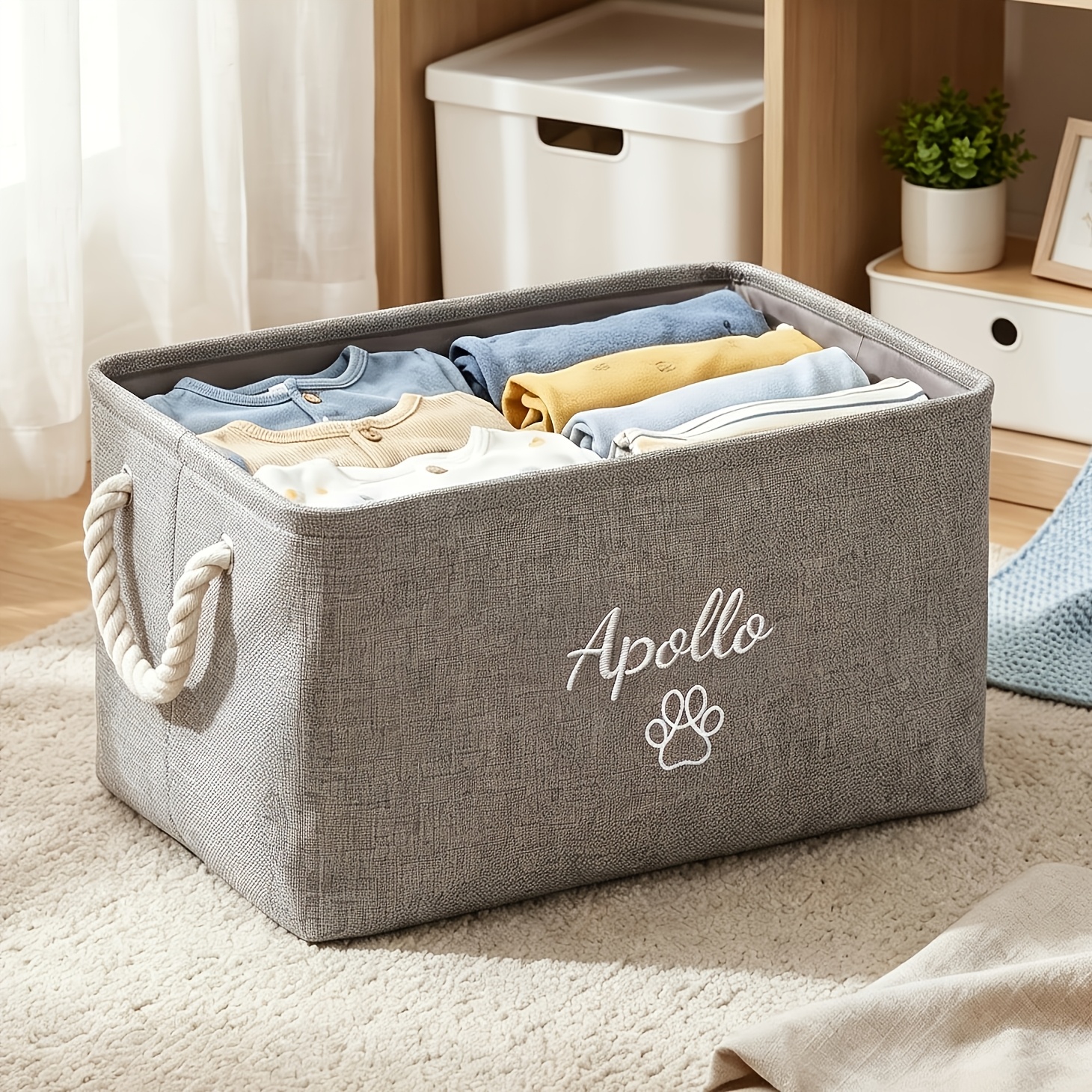 Custom Storage Basket with Handles, Personalized Foldable Bin