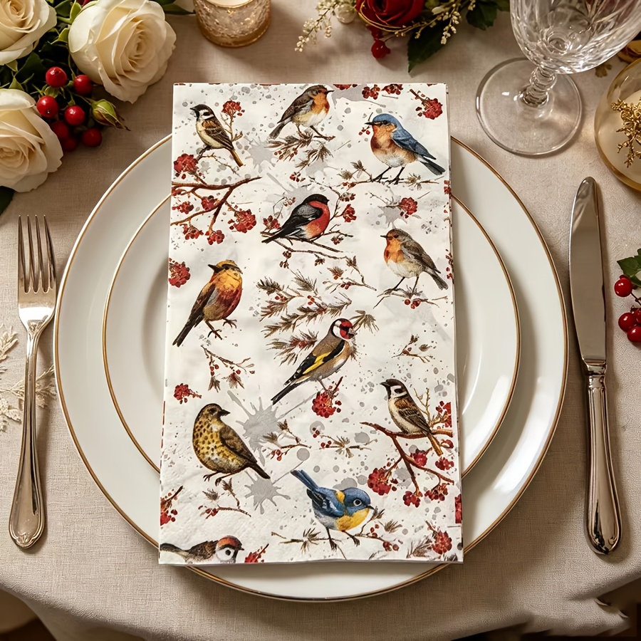 TEMU 19pcs Flower And Bird Themed Party Napkins, Designed With Red-bellied , Goldenfinches, And Pine Branch Elements. Ideal For Table Decoration In