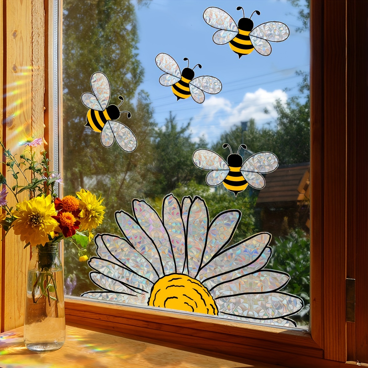 

1pc Sunflower Bees Static Window Cling, Colorful Plastic Decorative Sticker, Glass Wall Beautification Decal For Home & Room Decor, Non-adhesive Transparent Film For Window Display
