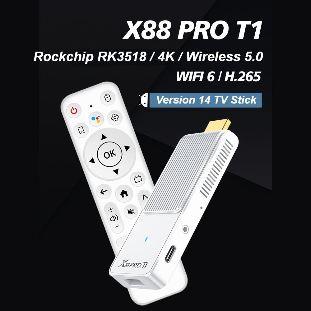 Clé TV intelligente ultra-mini X88PRO T1 blanche, nouveau modèle amélioré, design minimaliste, boîtier décodeur, Wi-Fi 6 double bande, processeur Rockchip RK3518, boîtier TV Internet, prend en charge 4K Ultra HD, lecteur TV, Android 14, sans fil 5.0+, télécommande à commande vocale
