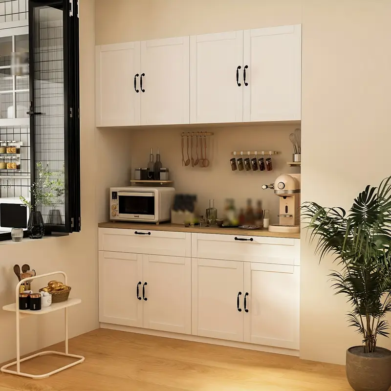Wooden Storage Cabinet, Kitchen Side Panel Cutlery Room with Large Storage Capacity, Wall-Mounted Kitchen Pantry with Doors, Drawers & Adjustable Shelves