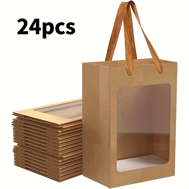 TEMU Gift For Her/him 12/16/24/48pcs Brown Paper Bags Gift Bags With Clear Windows, Paper Shopping Bags With Handles, Ideal For Bouquets, Christmas,