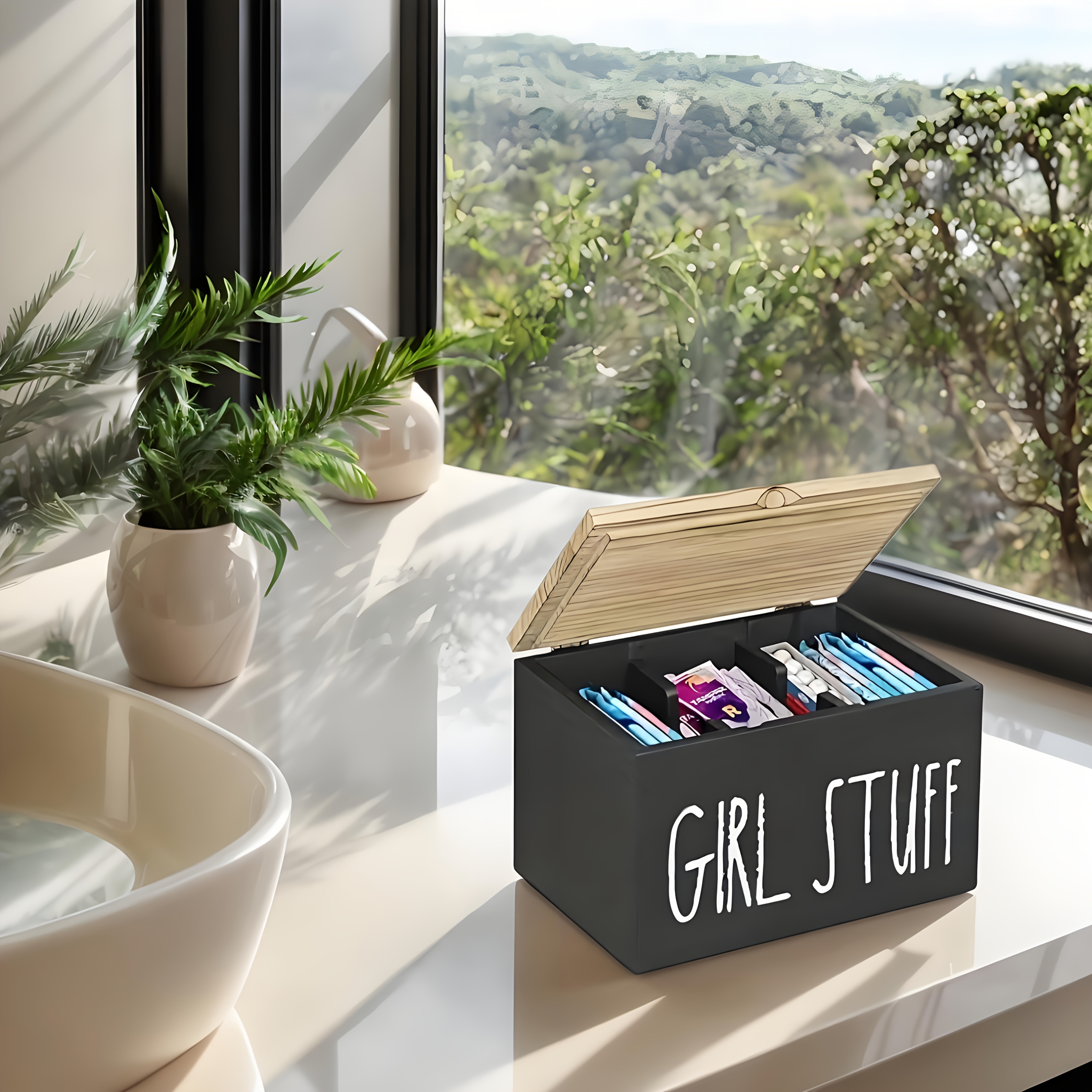 Ladies' Wooden Bathroom Storage Box - 3-section Organizer For Period Essentials, Makeup Cotton And Toiletries - Perfect Graduation, Wedding, Father's Day, Back-to-school Gift