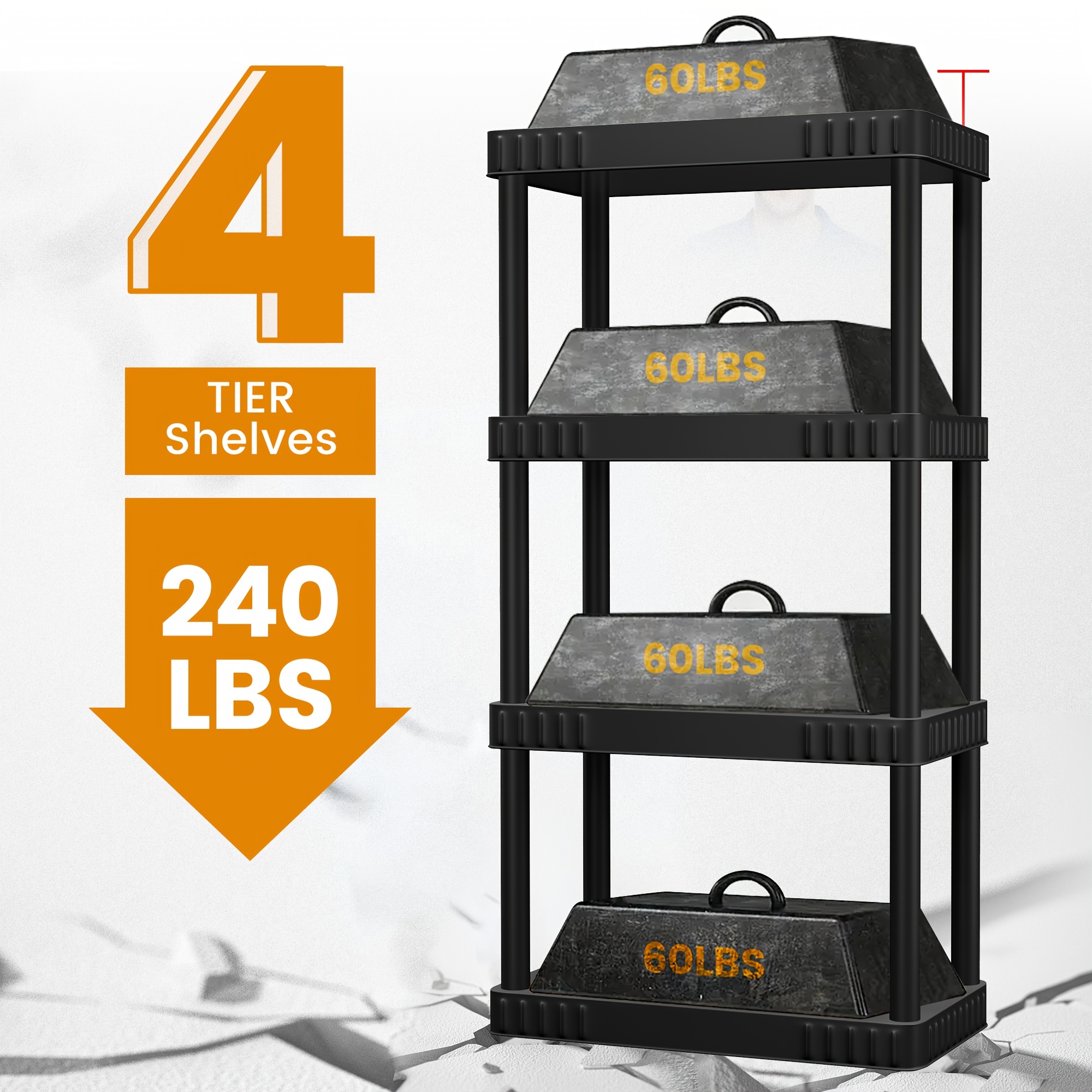 

1pc Plastic, 4-tier Storage Shelves, 47.6"h X 21.75"w X 14"d, 240 Lb Total Capacity, Black