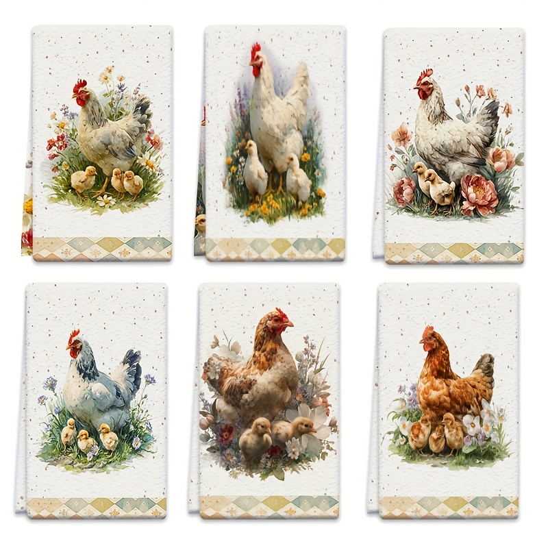 TEMU 6pcs Dish Towels 18x26 Inches Featuring Chickens, Flowers, And Chicks, Made Of Ultra-absorbent Microfiber For Kitchen Drying, Suitable For ,