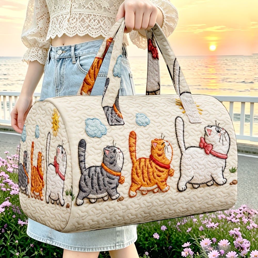 TEMU 1 sac de voyage matelassé de tonneau avec motif de poissons et de symbole '5000', sac fourre-tout beige crème pour femmes, cadeau de Noël et du
