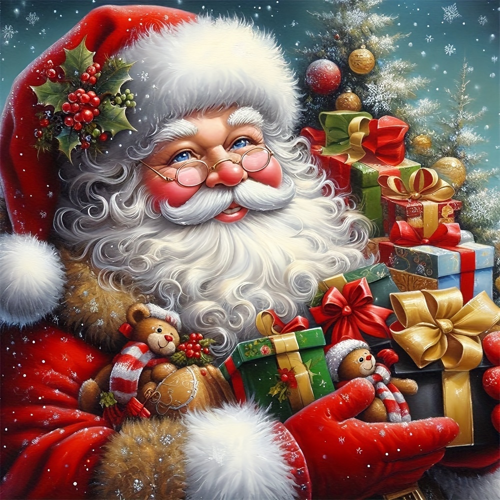 

5d Christmas Diamond Painting Kit With Santa & Gifts Theme, Round Acrylic Diamonds, Embroidery Stitch Arts Craft, Diy Wall Decor, Home Decoration - 1pc