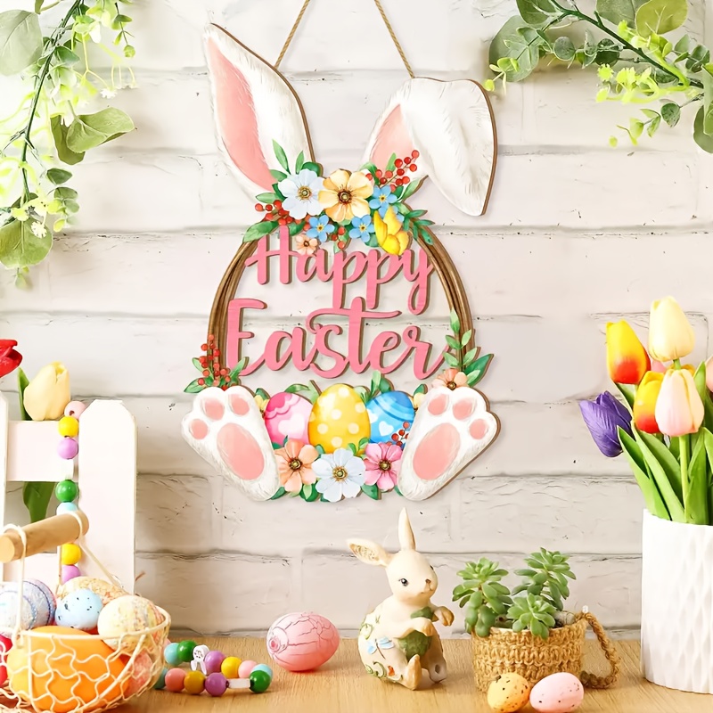 

Easter Bunny Wooden Door Hanger - "" Wall Decor With Flowers & Prints, Rustic Decoration For Home & Party, Bunny Accessories